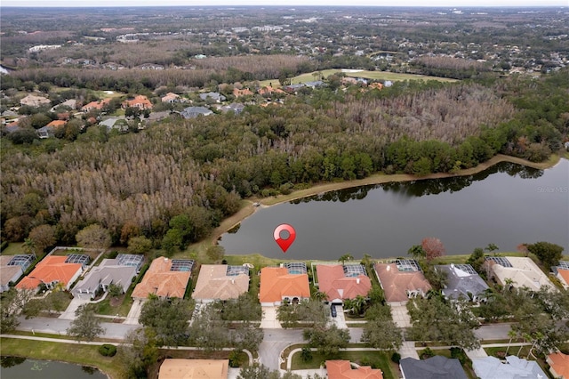 drone / aerial view with a water view