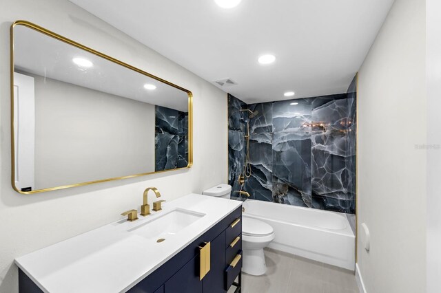 full bath with shower / bathtub combination, recessed lighting, visible vents, toilet, and vanity