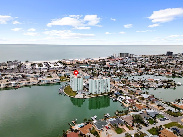 bird's eye view featuring a water view and a city view