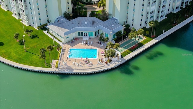 aerial view featuring a water view