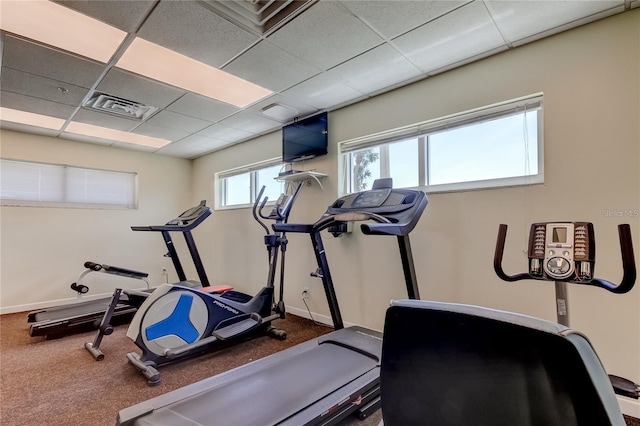 workout room featuring baseboards, a drop ceiling, visible vents, and carpet flooring