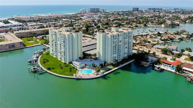 aerial view with a water view and a city view