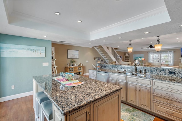 kitchen with stainless steel dishwasher, a breakfast bar, a tray ceiling, and a center island