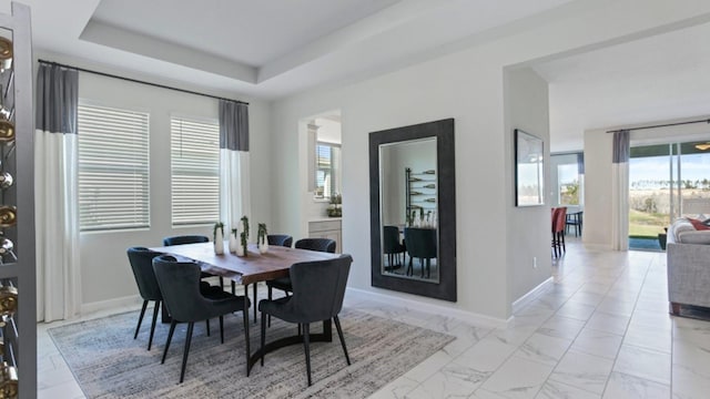 dining area featuring a raised ceiling