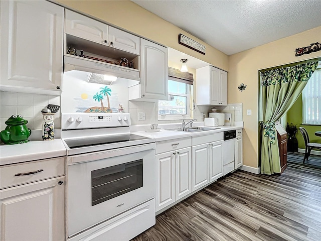 kitchen with dark wood-type flooring, sink, white cabinetry, white appliances, and decorative backsplash