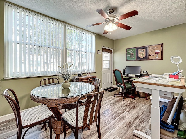 dining room featuring ceiling fan, light hardwood / wood-style flooring, and a textured ceiling