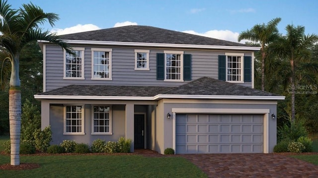 view of front of house with a front lawn and a garage