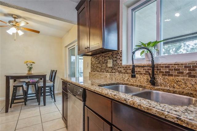 kitchen with light stone counters, sink, dishwasher, and plenty of natural light