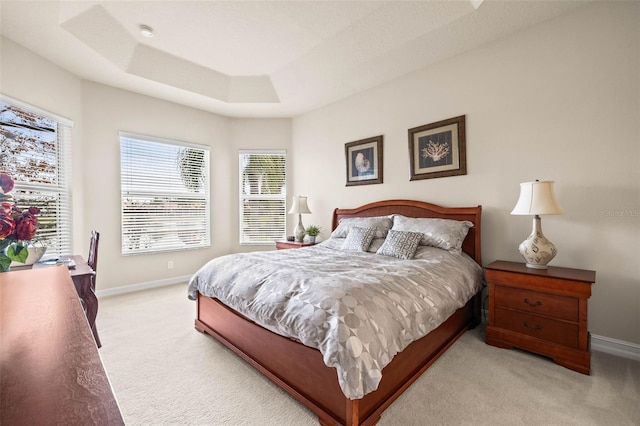 bedroom featuring a raised ceiling and light colored carpet