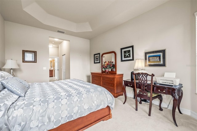 carpeted bedroom featuring a raised ceiling