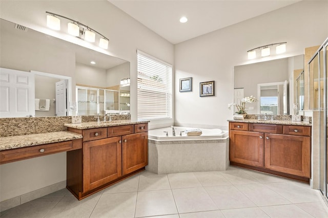 bathroom with separate shower and tub, tile patterned flooring, and vanity