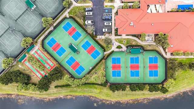 drone / aerial view with a water view