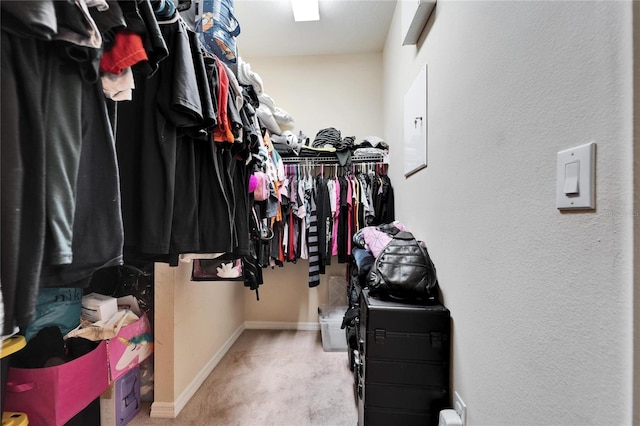 spacious closet featuring light colored carpet