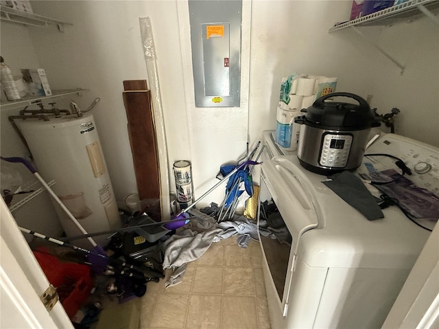 utilities featuring water heater, washer / dryer, and electric panel