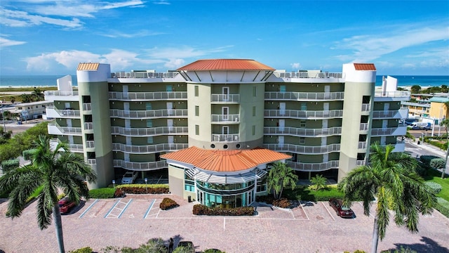 view of building exterior with a water view