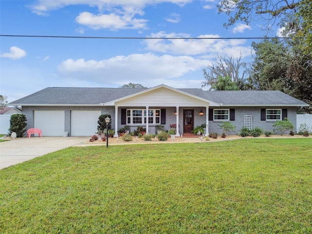 single story home featuring a front yard and a garage