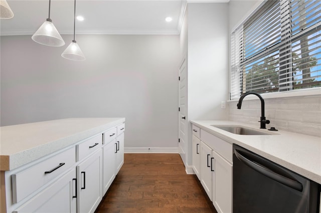 kitchen with pendant lighting, sink, tasteful backsplash, dark hardwood / wood-style floors, and black dishwasher