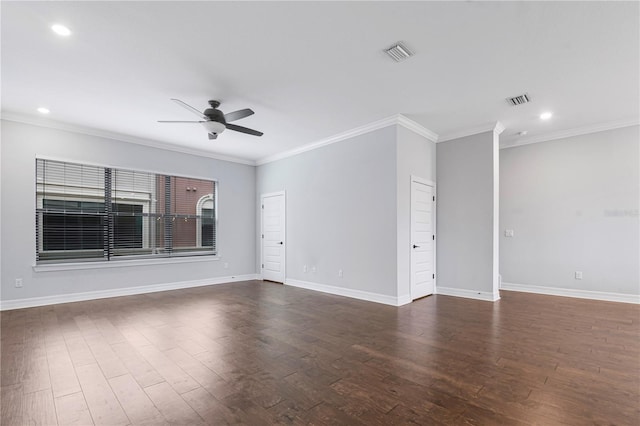 unfurnished room featuring ceiling fan, dark hardwood / wood-style flooring, and ornamental molding