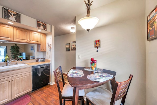 dining area with dark wood-type flooring, sink, and a textured ceiling