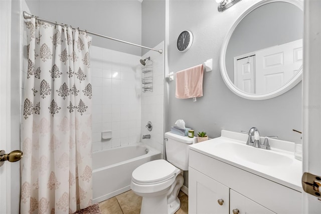 full bathroom with toilet, shower / tub combo, tile patterned flooring, and vanity