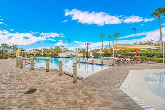 view of swimming pool featuring a patio area