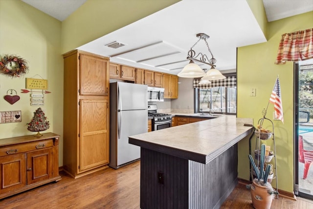 kitchen featuring kitchen peninsula, stainless steel appliances, a healthy amount of sunlight, light wood-type flooring, and pendant lighting