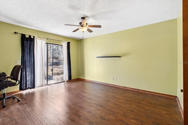 office space with ceiling fan, a textured ceiling, and hardwood / wood-style flooring