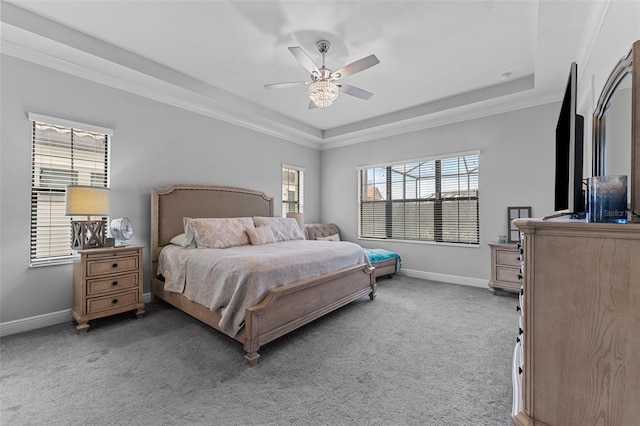 bedroom featuring ceiling fan, carpet, and a tray ceiling