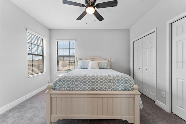 carpeted bedroom featuring ceiling fan and a closet