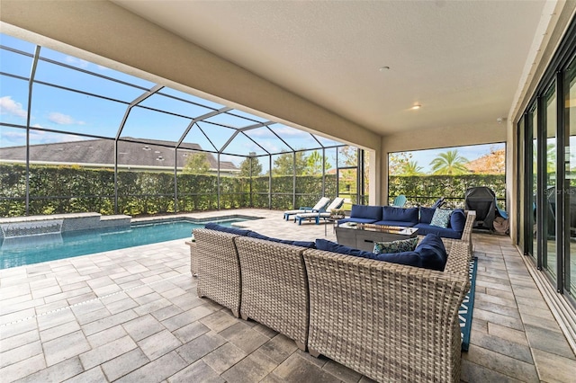 view of patio / terrace with pool water feature, an outdoor living space, and glass enclosure