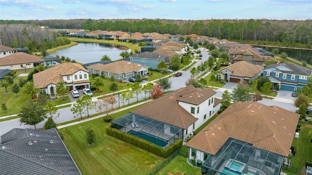 bird's eye view with a water view