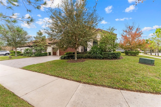 obstructed view of property with a front lawn