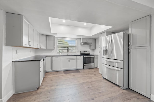 kitchen featuring stainless steel appliances, light hardwood / wood-style floors, sink, backsplash, and a raised ceiling