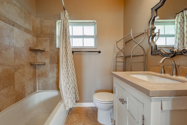 full bathroom with toilet, tile patterned flooring, shower / bathtub combination with curtain, and vanity