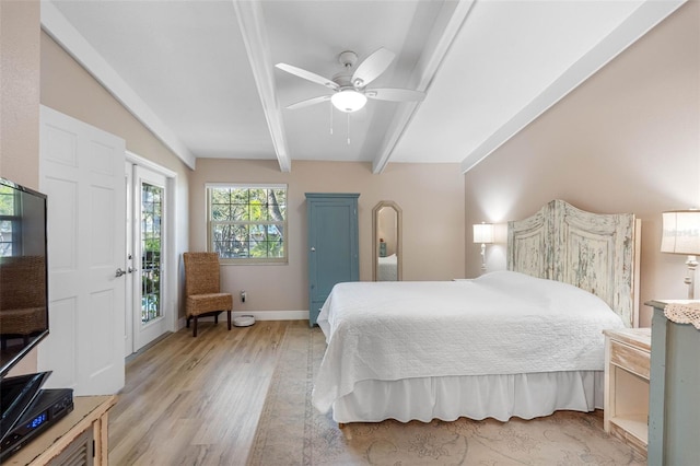 bedroom with ceiling fan, light wood-type flooring, access to exterior, and beamed ceiling