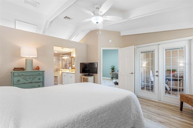 bedroom featuring ceiling fan, lofted ceiling, access to outside, light hardwood / wood-style flooring, and french doors