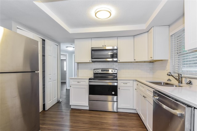 kitchen with sink, white cabinetry, a raised ceiling, and stainless steel appliances