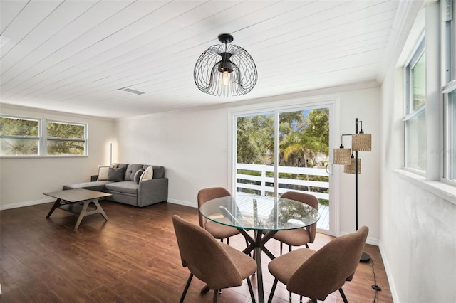 dining space featuring wooden ceiling, a wealth of natural light, and dark hardwood / wood-style floors