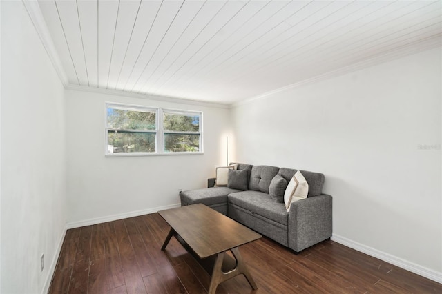 living room with dark hardwood / wood-style flooring, crown molding, and wooden ceiling