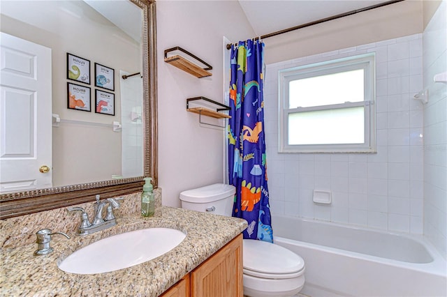 full bathroom featuring vanity, shower / bathtub combination with curtain, and toilet