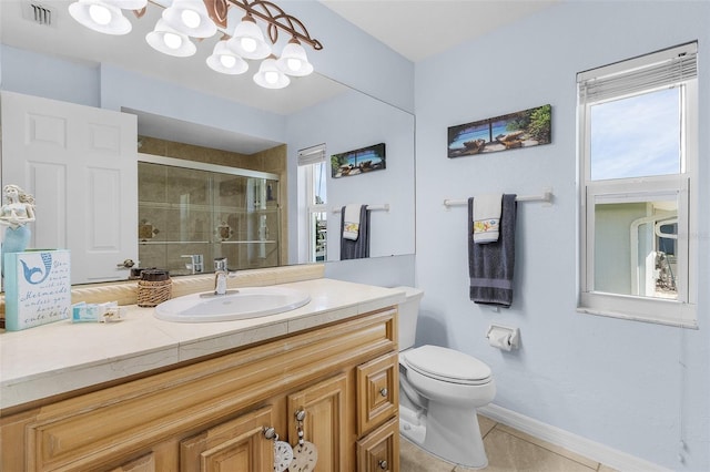 full bath with tile patterned flooring, toilet, visible vents, vanity, and a shower stall