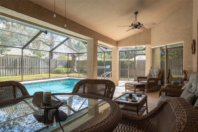 exterior space with vaulted ceiling and ceiling fan