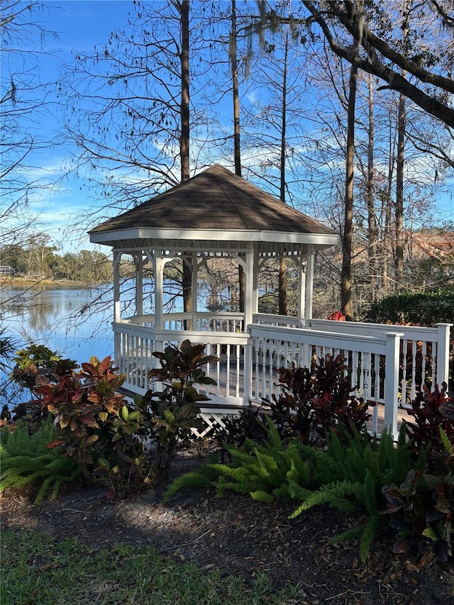 dock area featuring a water view and a gazebo