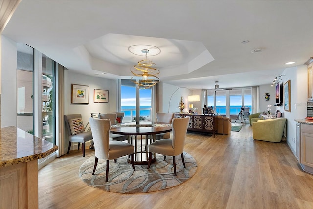 dining room featuring light hardwood / wood-style floors, a water view, and a raised ceiling