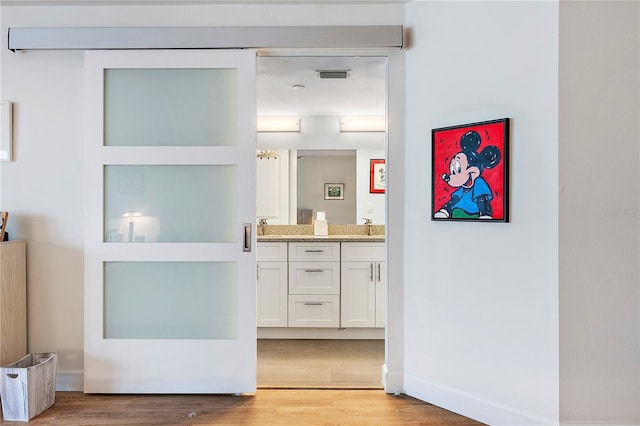 interior space with hardwood / wood-style flooring and vanity