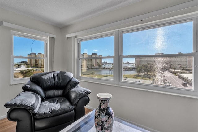 sitting room featuring a water view, a textured ceiling, and hardwood / wood-style floors