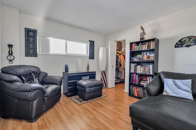 living room with a textured ceiling and light hardwood / wood-style flooring