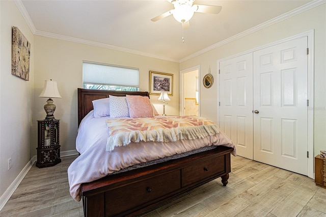 bedroom featuring crown molding, connected bathroom, a closet, and light wood-type flooring