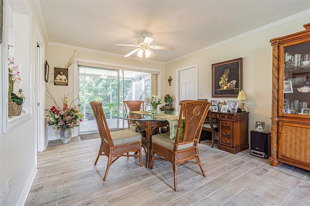 dining space with ornamental molding, light hardwood / wood-style floors, and ceiling fan