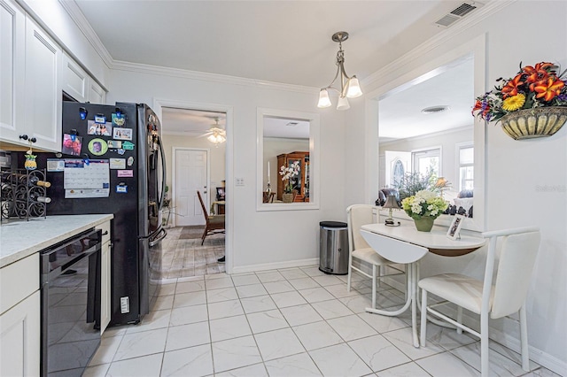 kitchen featuring light tile patterned flooring, crown molding, dishwasher, pendant lighting, and white cabinets